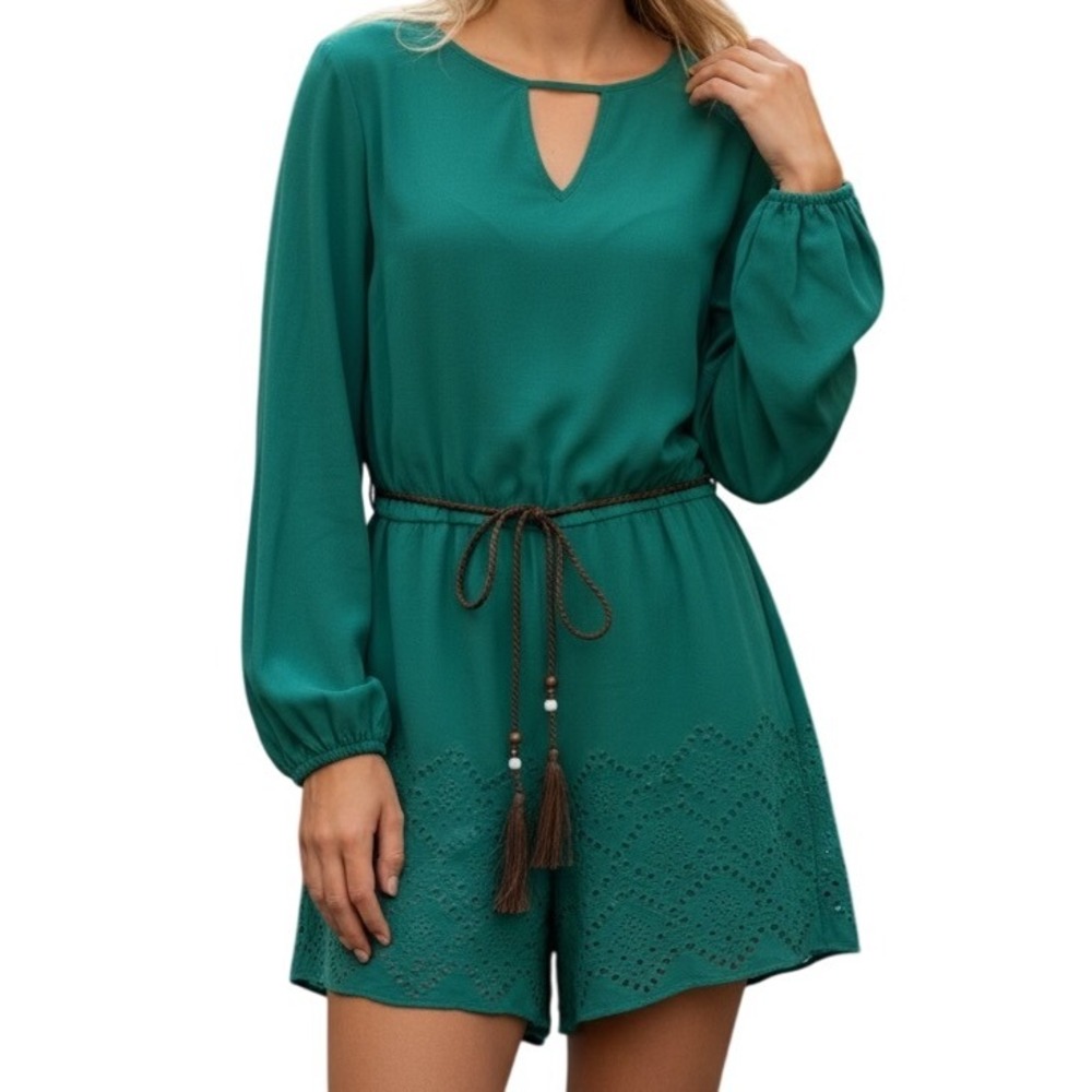SHE + SKY Bright Jade Green Silk Lazer Cut Belted Romper NWOT Size Large